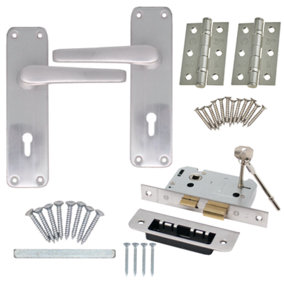 EAI - Aluminium Lever Door Handle Lock Kit / Pack - 153 x 40mm - Satin Aluminium