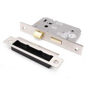 EAI Bathroom Lock 65mm / 44mm Backset SATIN NP for Internal Wooden Bathrooms Accepts 5mm Square Spindle CE UKCA & Fire Door App