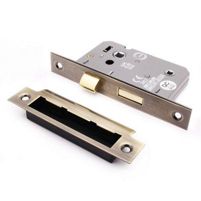EAI Bathroom Mortice Lock 64mm case / 44mm Backset - Antique Brass - CE UKCA & Fire Door Approved