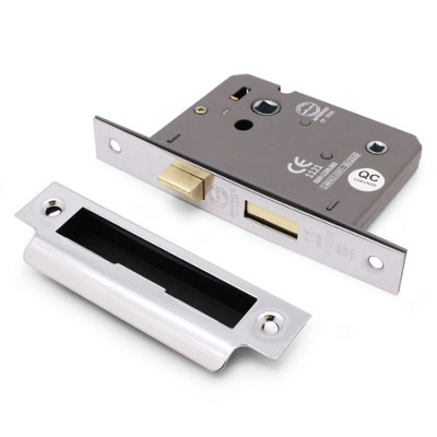 EAI Bathroom Mortice Lock 64mm case / 44mm Backset - Chrome - CE UKCA & Fire Door Approved