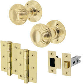 EAI - Beehive Reeded Mortice Door Knobs and Latch Kit - 55mm - Polished Brass