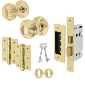 EAI - Beehive Reeded Mortice Door Knobs and Sash Lock Kit - 55mm - Polished Brass