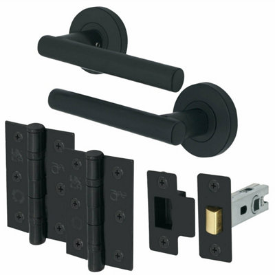EAI - Black Door Handle T-Bar Lever on Rose Latch Kit / Pack - 66mm Latch - 76mm Hinges - Matt Black