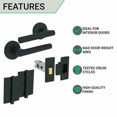 EAI - Black Door Handle T-Bar Lever on Rose Latch Kit / Pack - 66mm Latch - 76mm Hinges - Matt Black