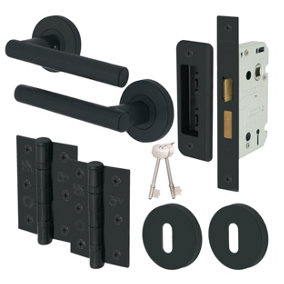 EAI - Black Door Handle T-Bar Lever on Rose Lock Kit / Pack - 66mm Sash Lock & 76mm Hinges - Matt Black