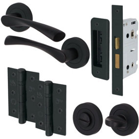 EAI - Black Door Handles Bathroom Swept Lever on Rose Kit / Pack - 66mm Bathroom Lock - 76mm Hinge - Matt Black