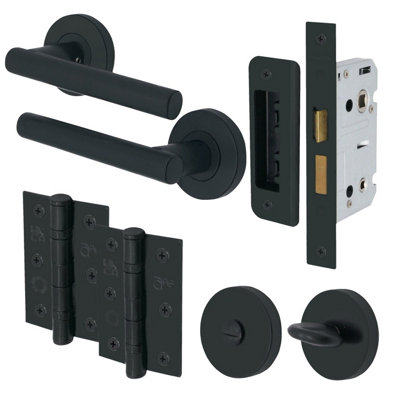 EAI - Black Door Handles Bathroom T-Bar Lever on Rose Handles Bathroom Kit / Pack - 64mm Bathroom Lock - 76mm Hinge - Matt Black Price Comparisons | Compare The Build