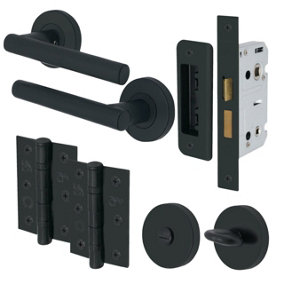 EAI - Black Door Handles Bathroom T-Bar Lever on Rose Handles Bathroom Kit / Pack - 66mm Bathroom Lock - 76mm Hinge - Matt Black