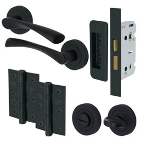 EAI - Black Door Handles Swept Bathroom Door Handle Kit - 80mm Lock Case - Matt Black