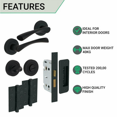 EAI - Black Door Handles Swept Bathroom Door Handle Kit - 80mm Lock Case - Matt Black