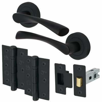 EAI - Black Door Handles Swept Lever on Rose Latch Kit / Pack - 64mm Latch - 76mm Hinges - Matt Black