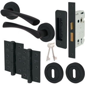 EAI - Black Door Handles Swept Lever on Rose Lock Kit / Pack - 66mm Sash Lock & 76mm Hinges - Matt Black
