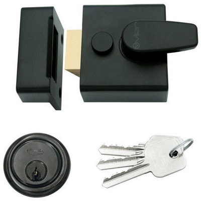 EAI Black Nightlatch Front Door Lock 3 Keys - 40mm Key Centre 62x70x27mm Case - Matt Black / Black Cylinder Night Latch