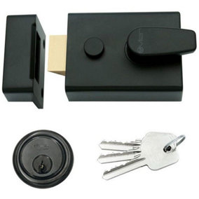 EAI - Black Nightlatch Front Door Lock 3 Keys - 60mm Key Centre 92x70x27mm Case - Matt Black / Black Cylinder Night Latch