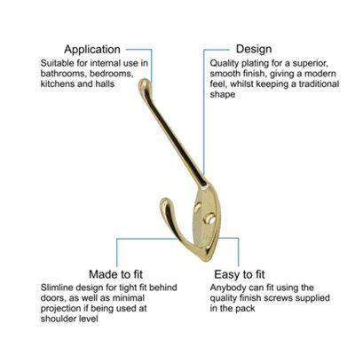EAI - Brass Coat Hook - 60mm - Brass Plated - Pack of 4