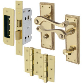 EAI Brass Door Handles Georgian Rope Edge Bathroom Lock Kit / Pack - 65mm Lock - 76mm Hinges - Brass Finish