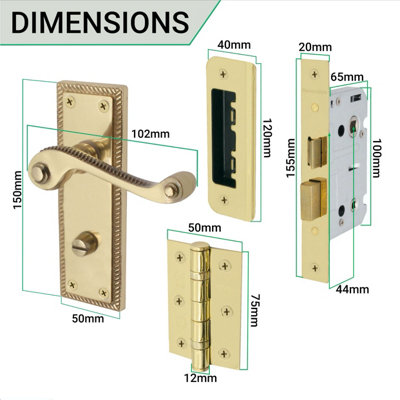 EAI Brass Door Handles Georgian Rope Edge Bathroom Lock Kit / Pack ...