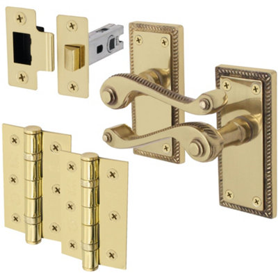EAI Brass Door Handles Georgian Rope Edge Latch Kit / Pack - 66mm Latch - 76mm Hinges - Polished Brass Price Comparisons | Compare The Build