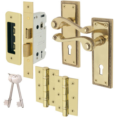 EAI Brass Door Handles Georgian Rope Edge Lock Kit / Pack - 65mm Lock - 76mm Hinges - Brass Finish Price Comparisons | Compare The Build