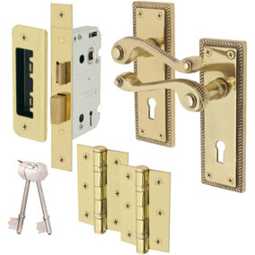 EAI Brass Door Handles Georgian Rope Edge Lock Kit / Pack - 65mm Lock - 76mm Hinges - Brass Finish