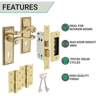 EAI Brass Door Handles Georgian Rope Edge Lock Kit / Pack - 65mm Lock - 76mm Hinges - Brass Finish