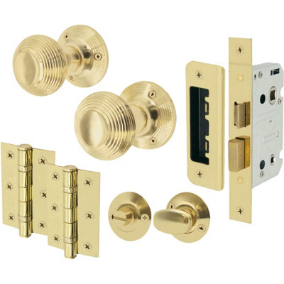 EAI Brass Door Knobs Reeded Beehive Design Lock Kit 80mm Bathroom Lock 76mm Hinges Thumbturn Release 55mm Sprung Knobs Price Comparisons | Compare The Build