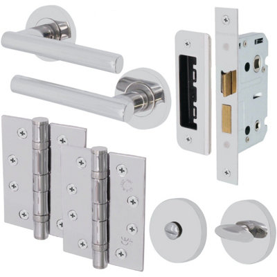 EAI Chrome Door Handle Bathroom T-Bar Lever on Rose Handles Bathroom Kit / Pack - 64mm Lock - 76mm Hinge - Polished Chrome Price Comparisons | Compare The Build