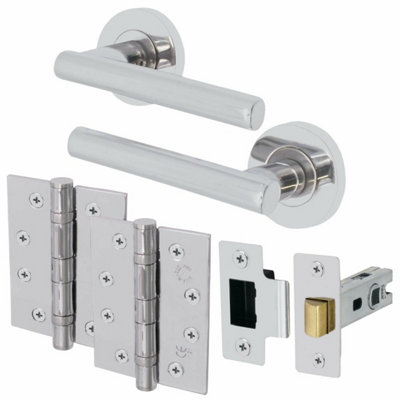 EAI Chrome Door Handle T-Bar Lever on Rose Latch Kit / Pack - 66mm Latch - 76mm Hinges - Polished Chrome