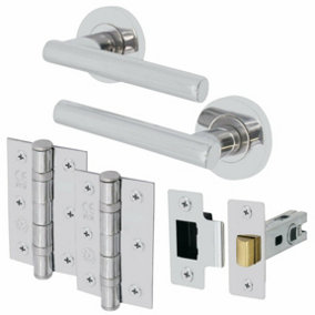 EAI Chrome Door Handle T-Bar Lever on Rose Latch Kit / Pack - 66mm Latch - 76mm Hinges - Polished Chrome