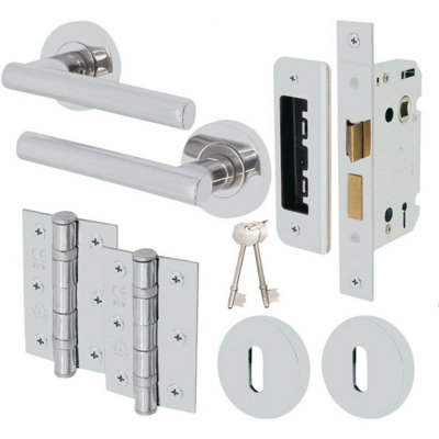 EAI Chrome Door Handle T-Bar Lever on Rose Lock Kit / Pack - 64mm Sash Lock & 76mm Hinges - Polished Chrome Price Comparisons | Compare The Build