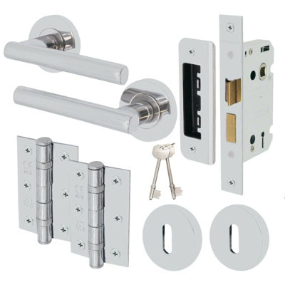 EAI Chrome Door Handle T-Bar Lever on Rose Lock Kit / Pack - 64mm Sash Lock & 76mm Hinges - Polished Chrome