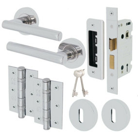 EAI Chrome Door Handle T-Bar Lever on Rose Lock Kit / Pack - 66mm Sash Lock & 76mm Hinges - Polished Chrome