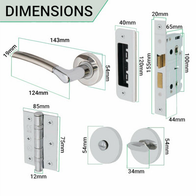 EAI - Chrome Door Handles Round Duo Lever on Rose Bathroom Kit / Pack - 66mm Lock & 76mm Hinges - Duo Chrome / Nickel