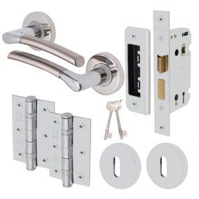 EAI - Chrome Door Handles Round Duo Lever on Rose Lock Kit / Pack - 66mm Lock & 76mm Hinges - Duo Chrome / Nickel