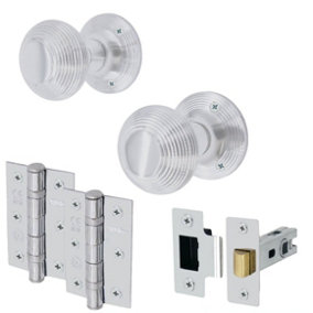 EAI Chrome Door Knobs Reeded Beehive Design Latch Kit 78mm Latch 76mm Hinges 55mm Sprung Knobs