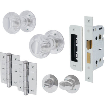 EAI Chrome Door Knobs Reeded Beehive Design Lock Kit 80mm Bathroom Lock 76mm Hinges Thumbturn Release 55mm Sprung Knobs