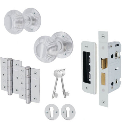 EAI Chrome Door Knobs Reeded Beehive Design Lock Kit 80mm Sashlock 76mm Hinges 2 escutcheons 55mm Sprung Knobs Price Comparisons | Compare The Build