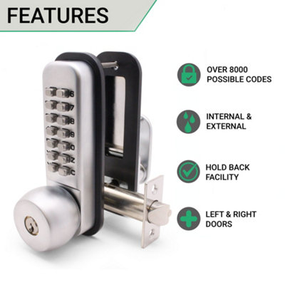EAI Digital Push Button Code Lock Knob & Key Over-ride Commercial Mechanical - Satin