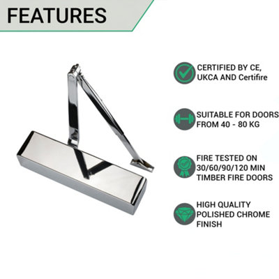 EAI Door Closer Heavy Duty Overhead Suit Fire Doors Universal Dual Handed Push Pull Side DA BC Power Size 2-4- Polished Chrome