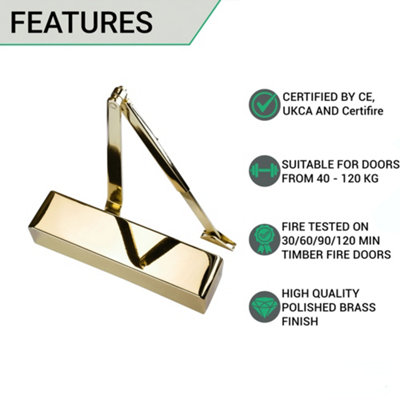 EAI Door Closer Heavy Duty Overhead Suit Fire Doors Universal Dual Handed Push Pull Side DA BC Power Size 3-6 - Polished Brass