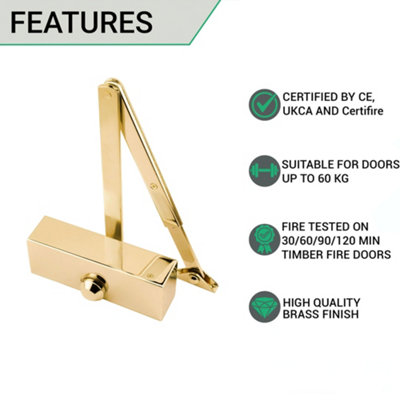 EAI Door Closer Overhead Suit Fire Doors Universal Dual Handed Push or Pull Side - Power Size 3 - Polished Brass