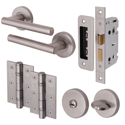 EAI Door Handles T-Bar Lever on Rose Bathroom Kit / Pack - 64mm Bathroom Lock - 76mm Hinge - Satin Nickel