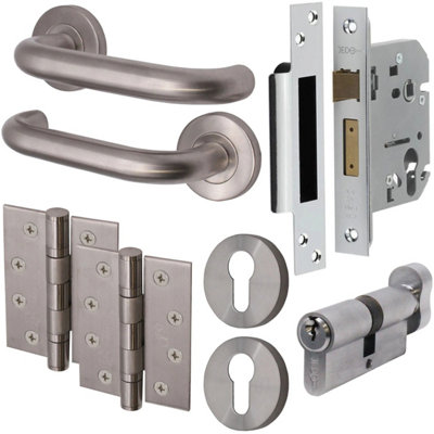 EAI - Fire Door Handle Kit Return To Door Lever on Rose Handle Euro Cylinder Lock Kit - Satin Stainless - 57mm Backset Lock