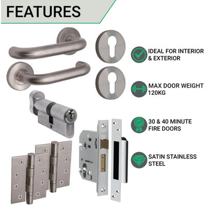 EAI - Fire Door Handle Kit Return To Door Lever on Rose Handle Euro Cylinder Lock Kit - Satin Stainless - 57mm Backset Lock