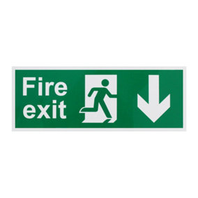 EAI - Fire Exit Sign Arrow Man DOWN 400x150mm Self Adh Semi Rigid PVC