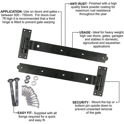 EAI - Gate Hinges Hook Band Cranked Gate Garage Set Hinge Set - 250mm - Black - PAIR Including Fixings