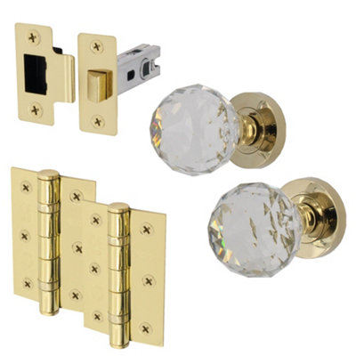 EAI Glass Door Knob Latch Kit - 76mm hinges - 78mm latch - Polished Brass