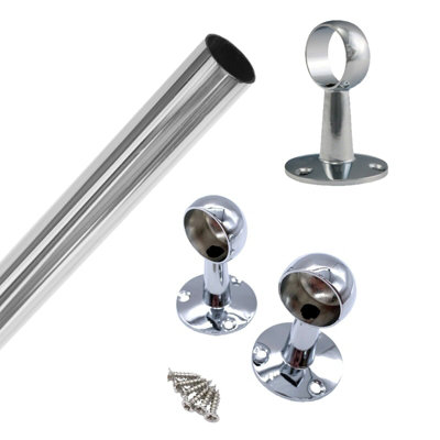 EAI - Hanging Wardobe Rail Kit - 25mm Tube - 2400mm Rail with 2x End Brackets & 1x Centre Brackets - Polished Chrome