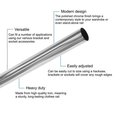EAI - Hanging Wardobe Rail Kit - 25mm Tube - 2400mm Rail with 2x End ...