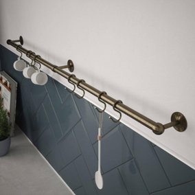 EAI Kitchen Tool Holder Utensil Hanging Rack Storage Rail Kit 8 Hooks & Fixings 600x19mm Antique Brass